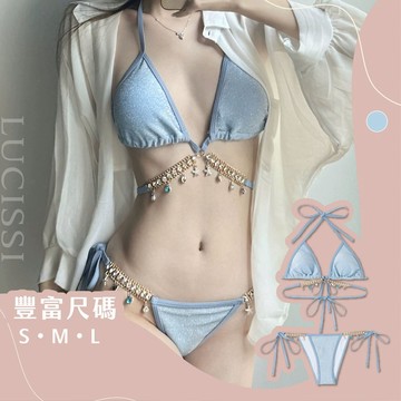 💖 LUCISSI｜韓風水鑽銀蔥比基尼 含大尺碼 加購三角綁巾 可愛韓系風格 三件套泳衣 美背綁帶 柔軟快乾 現貨