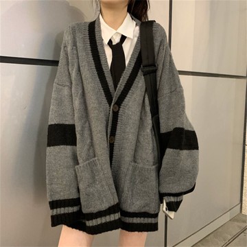 日系復古慵懶風深灰色V領毛衣開衫外套女春秋寬松百搭外穿潮