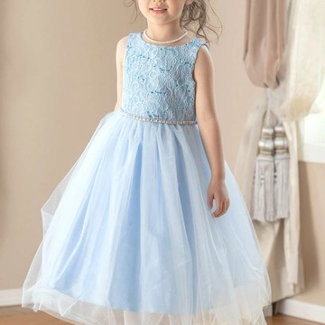 日本 Catherine Cottage - 腰鑽飾前蕾絲後緞面洋裝/小禮服-水藍色