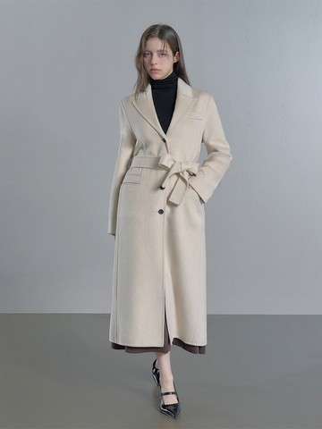 羊絨單釦手工長版大衣 - Cream/Dark brown