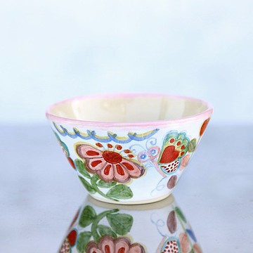 花朵與蝴蝶的飯碗（粉紅邊框）