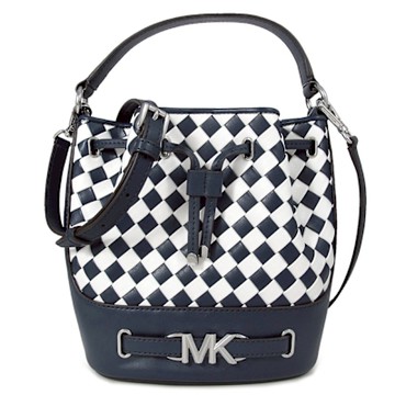 MICHAEL KORS Reed 銀字MK腰帶配飾雙色編織水桶兩用包(海軍藍x白雙色-中)