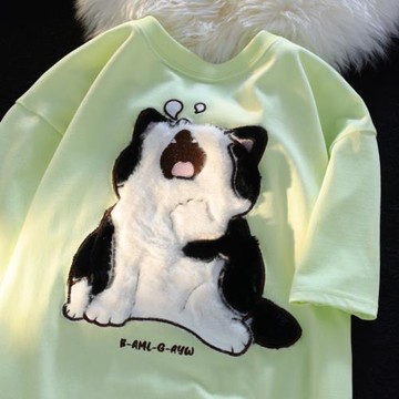 日系學院風打哈欠的奶牛貓短袖T恤女夏季藝術小眾設計感體恤上衣