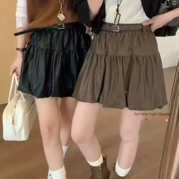 La Belleza甜美減齡素色百搭鬆緊腰顯瘦蓬蓬裙燈籠裙附腰帶