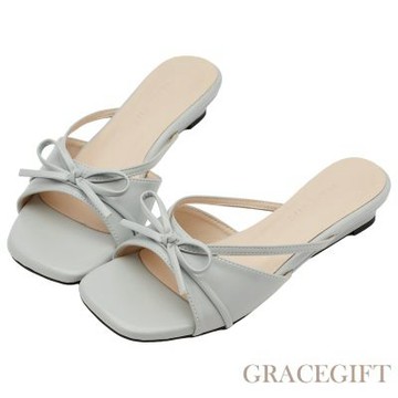 【Grace Gift】法式優雅細帶蝴蝶結低跟方頭涼拖鞋 藍灰