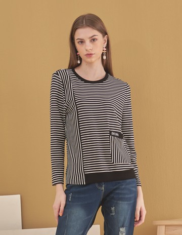 ★【喜芝梅】口袋造型拼接剪裁滿版條紋上衣(黑色；M-2L) 223130283