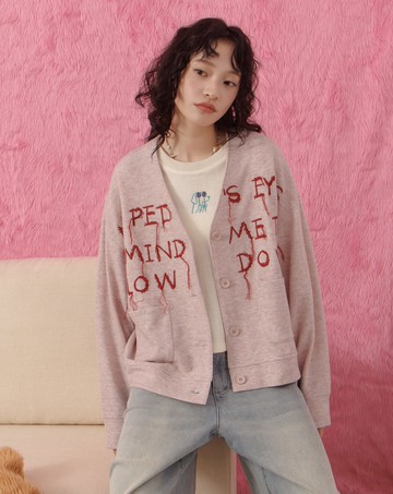 毛線繡花Q感毛毛V領開襟針織外套(兩色)