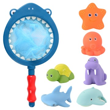 OhBabyLaugh 洗澡玩具 感溫變色撈魚組  內含六隻漂浮小動物 (可遇熱變色  按壓發聲和噴水)  深藍色  1組