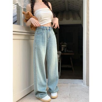 復古淺藍直筒牛仔褲女夏季新款水洗高腰寬松百搭休閑闊腿拖地長褲