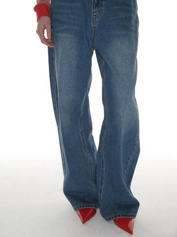 Studded High Rise Wide Leg Jeans [Blue]