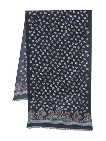 ETRO - patterned floral-print frayed-hem scarf - men - Silk/Wool - One Size - Blue