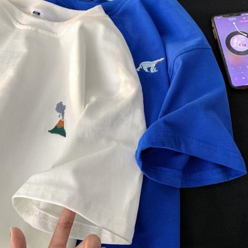 男生純棉短袖t恤夏季潮牌刺繡體恤oversize寬松百搭半截中袖潮流