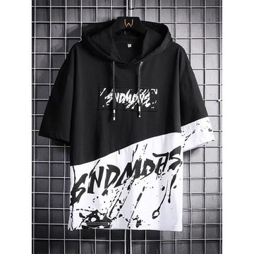 2023夏季新款連帽短袖t恤寬松港風百搭韓版潮流撞色體恤上衣服男