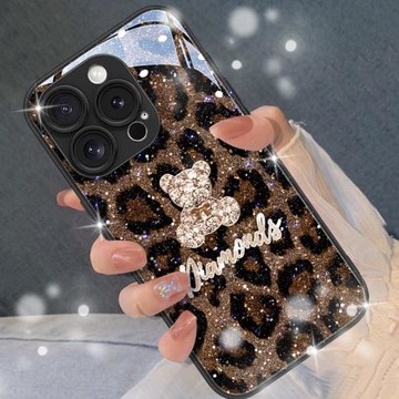 豹紋鉆石熊適用蘋果16手機殼iphone16promax新款16pro閃粉15高級感14甜美15promax少女心13小眾12全包保護套