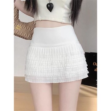 白色蕾絲百褶短裙女秋季高腰顯瘦大碼松緊防走光a字包臀半身裙子