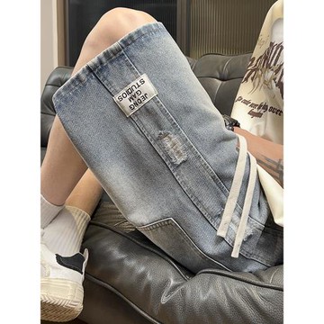 破洞牛仔短褲男夏季薄款2026新款美式復古水洗褲子寬松潮牌五分褲