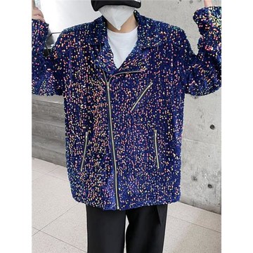 網紅潮牌亮片閃亮夾克男士反光拉鏈舞臺表演外套中性上衣夜光鐳射