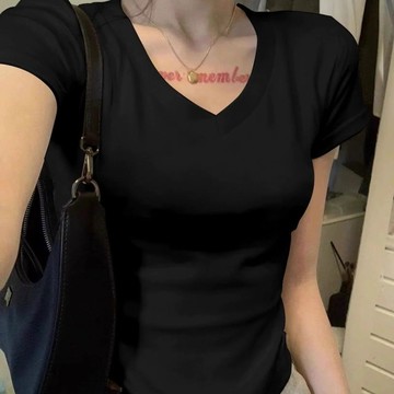 胖胖美依 短袖T卹 上衣 短版上衣 小衫 S-XL新款美式辣妹V領短袖修身顯瘦純欲風短款露臍正肩上衣-4193.