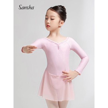 sansha 三沙芭蕾舞練功服 兒童舞蹈服長袖裙雪紡V領蕾絲連體服裙