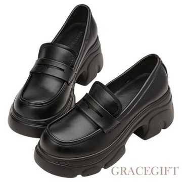 【Grace Gift】休閒紳士輕量運動厚底樂福鞋 黑