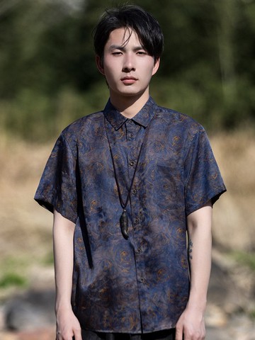 新中式復古 桑蠶絲香云紗短袖襯衫