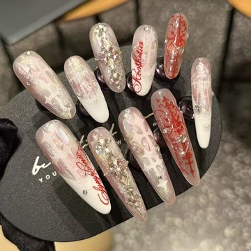 【台灣出貨】甜酷克羅心十字架純手工穿戴甲  粉白法式手繪堆鑽細閃顯白美甲貼片  光療美甲  指甲貼  可拆卸假指甲