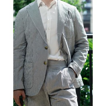 夏季seersucker黑色條紋純棉泡泡紗修身西裝意式復古休閑外套上衣