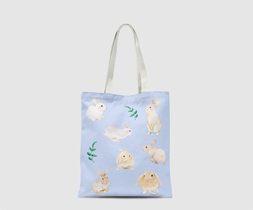 水彩 手繪風 小兔 兔子 侏儒兔 單肩 帆布袋 環保袋 購物 拉鏈