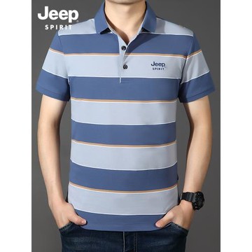 吉普男士Polo休閑翻領條紋2025夏季新款寬松百搭短袖T恤簡約上衣