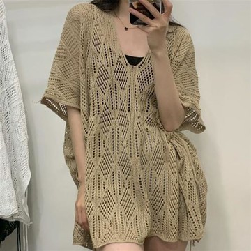 【米蘭精品】現貨+預購 法式五分袖針織衫上衣毛衣寬鬆大碼百搭休閒女裝菱格紋鏤空罩衫女上衣4色74mx72