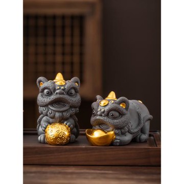 紫砂描金醒獅茶寵擺件精品可養茶桌茶臺獅子居家辦公擺件招財開業