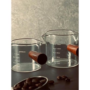 木柄玻璃小奶盅濃縮咖啡玻璃杯刻度量杯雙嘴分享壺拿鐵杯迷你奶缸