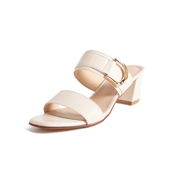 KOKKO優雅魅力一字寬帶方頭粗跟涼拖鞋米白色