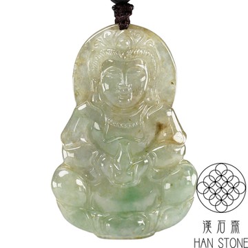 【漢石齋】天然翡翠A貨 觀音玉佩吊墜 冰糯種飄花(31*46*5mm)