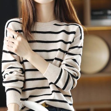 專柜商場撤回國際大牌剪標余單尾單女裝圓領條紋羊絨針織衫毛衣秋