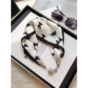 黑白色百搭真絲絲巾磁扣項鏈女吊墜護頸椎100%桑蠶絲小領巾鎖骨鏈