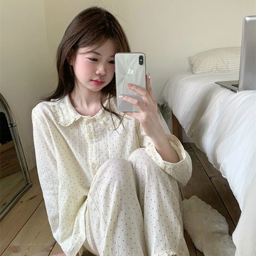 ✨精選好物✨波點睡衣女 新款春秋薄款長袖家居服套裝  春秋簡約小波點長袖 學生韓版女睡裙休閒家居服  長袖薄款睡衣套裝