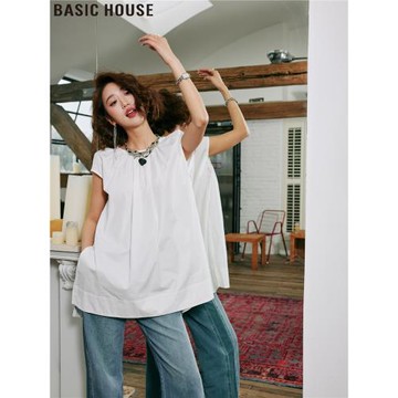 Basic House/百家好巴黎周刊法式小眾中長款寬松短袖襯衫上衣女夏