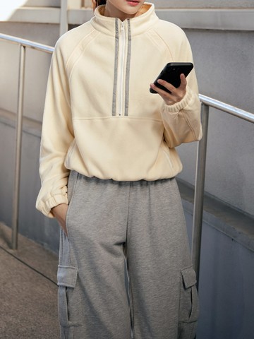 羊羔毛拉鍊立領異材質拼接短版長袖上衣