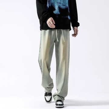 直筒牛仔褲男春秋薄款寬松闊腿褲子美式高街潮牌泥黃水洗休閑長褲