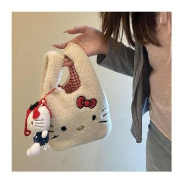 可愛軟乎乎 秋冬新款kitty貓咪手提包羊羔手腕包卡通上班通勤拎包