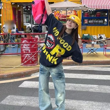短袖 男 T恤 上衣 韓版休閒T恤 純棉美式街頭字母印花短袖T恤男女情侶寬鬆oversize休閒半袖上衣 男生短袖 短袖