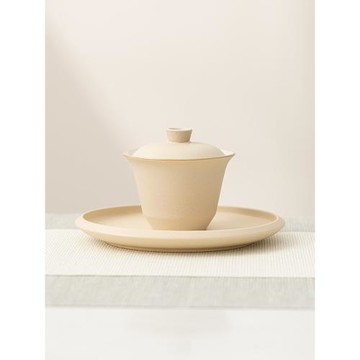 米黃陶瓷茶具三才蓋碗單個高檔茶盞家用中式手工功夫泡茶碗敬茶杯