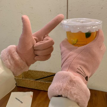可愛貓咪手套女冬季觸屏五指卡通加厚加絨騎車防風保暖麂皮絨騎行