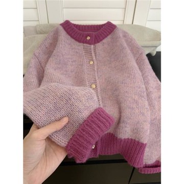 法國Rouje tusse粉色羊絨毛衣外套女秋冬慵懶風加厚羊毛針織開衫