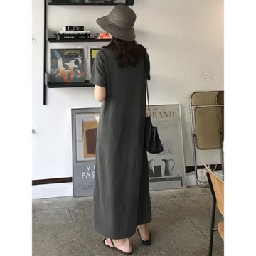 夏季新款純棉T恤連衣裙女韓版寬松顯瘦長款直筒體恤裙bf過膝長裙