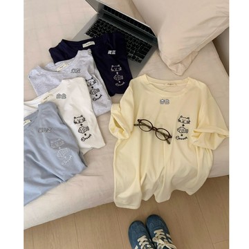 【CHILL】現貨  貓奴必收！貓咪吃魚刺繡短Tee 貓咪T恤 刺繡短T 韓系穿搭 寬鬆顯瘦 質感棉T