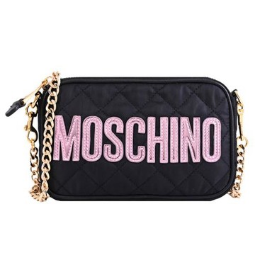 MOSCHINO 漆皮LOGO尼龍菱格迷你斜背/手拿鏈條包.黑