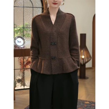 時髦復古收腰v領針織外套女秋冬氣質顯瘦設計感小眾咖啡色上衣XL