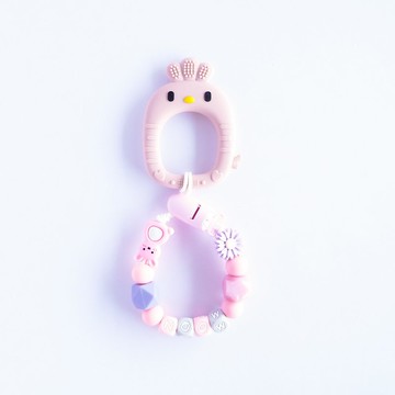 moon 雛菊 兔子 珊瑚粉小雞固齒器 / 客製化奶嘴鏈